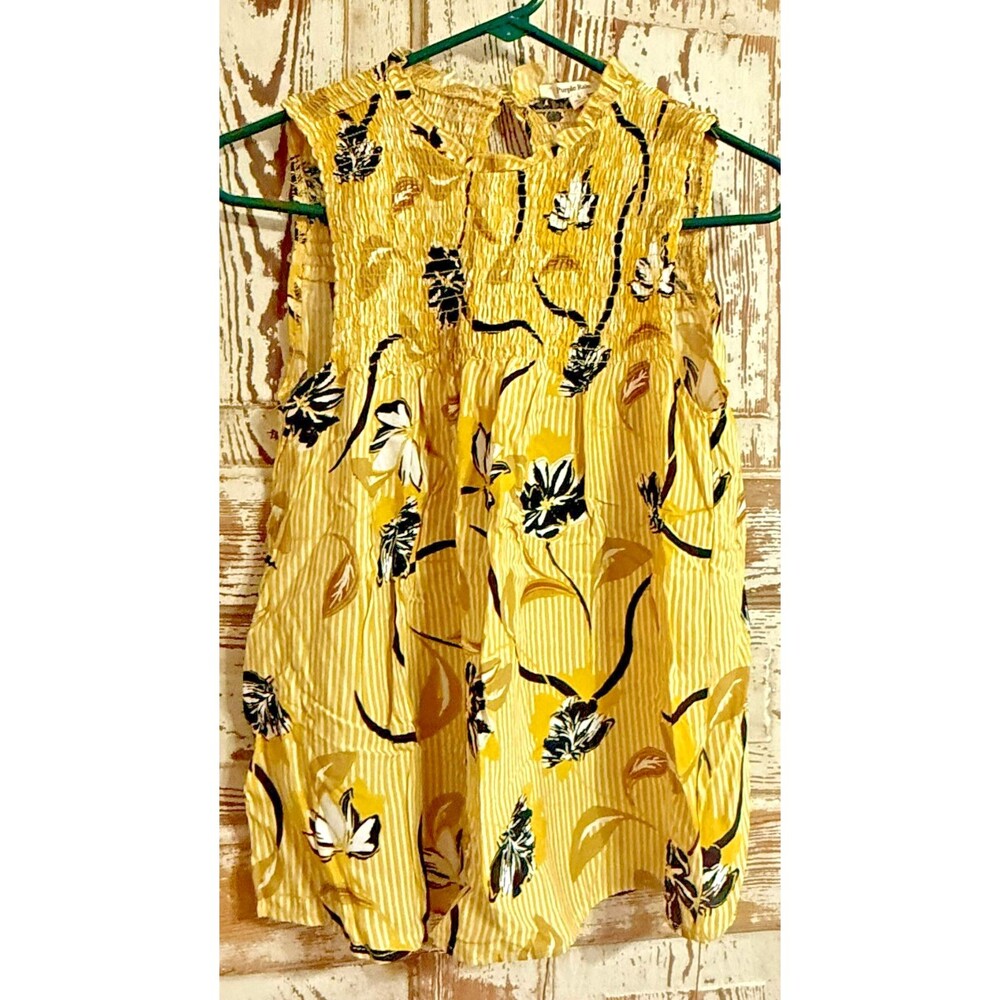 Purple Rain Boho Smocked Floral Rayon Sleeveless Top - Yellow Multi - Small
